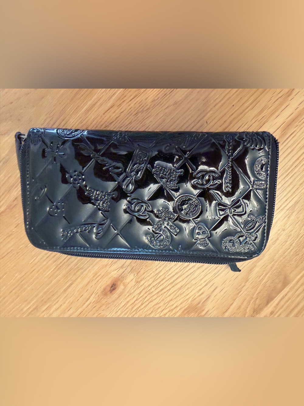 Auth CHANEL Black Patent Leather Icons Zip Around Wallet CC Embossed Entrupy COA
